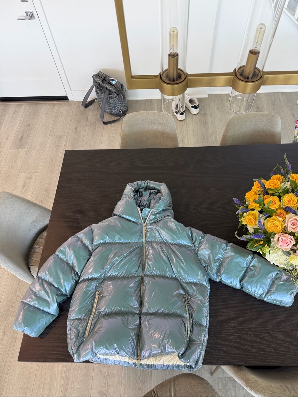 Moncler ice blue holographic short puffer down jacket